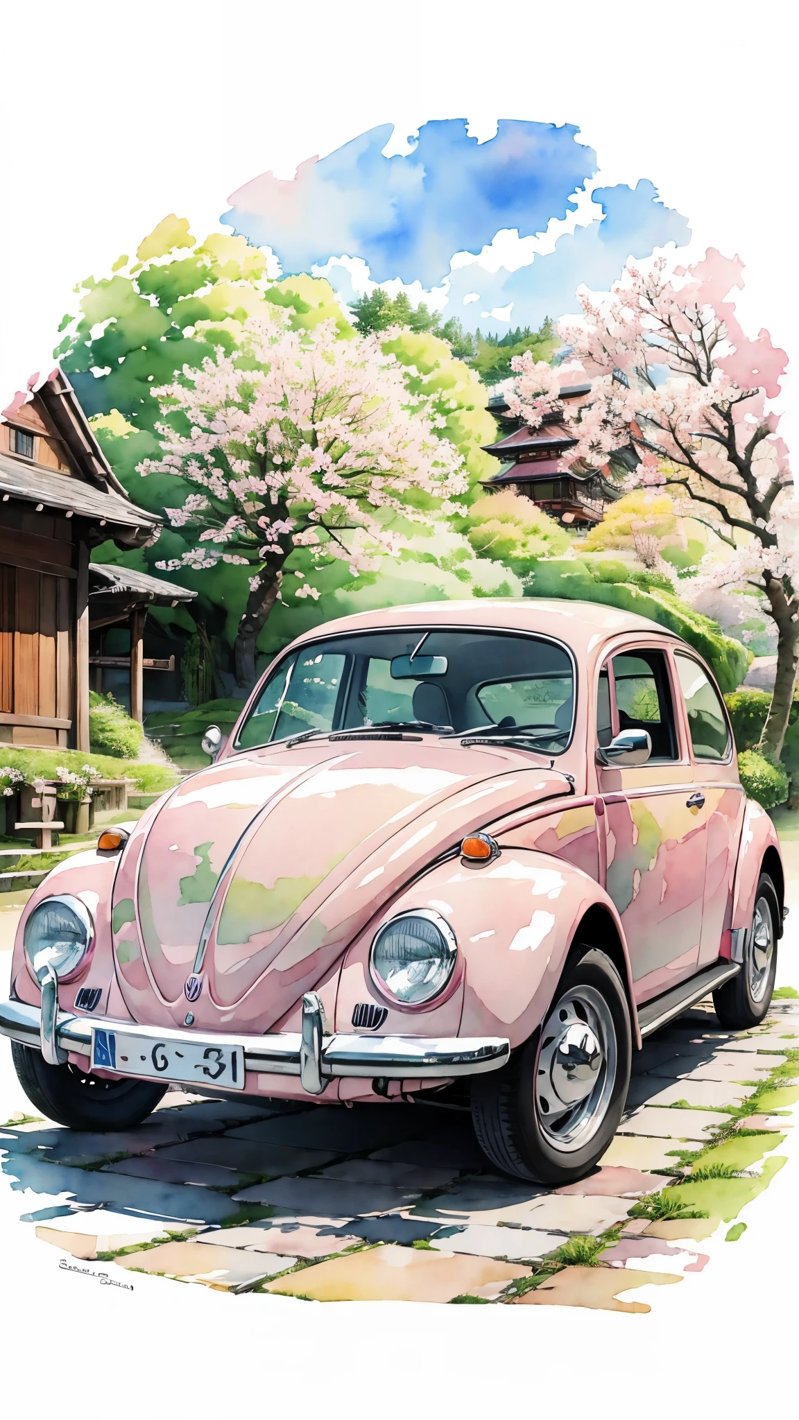 (masterpiece:1.2, Highest quality),(Very detailed),(watercolor),8k,wallpaper,Pink Volkswagen Beetle,Spring in Kyoto,(((Ghibli style)))