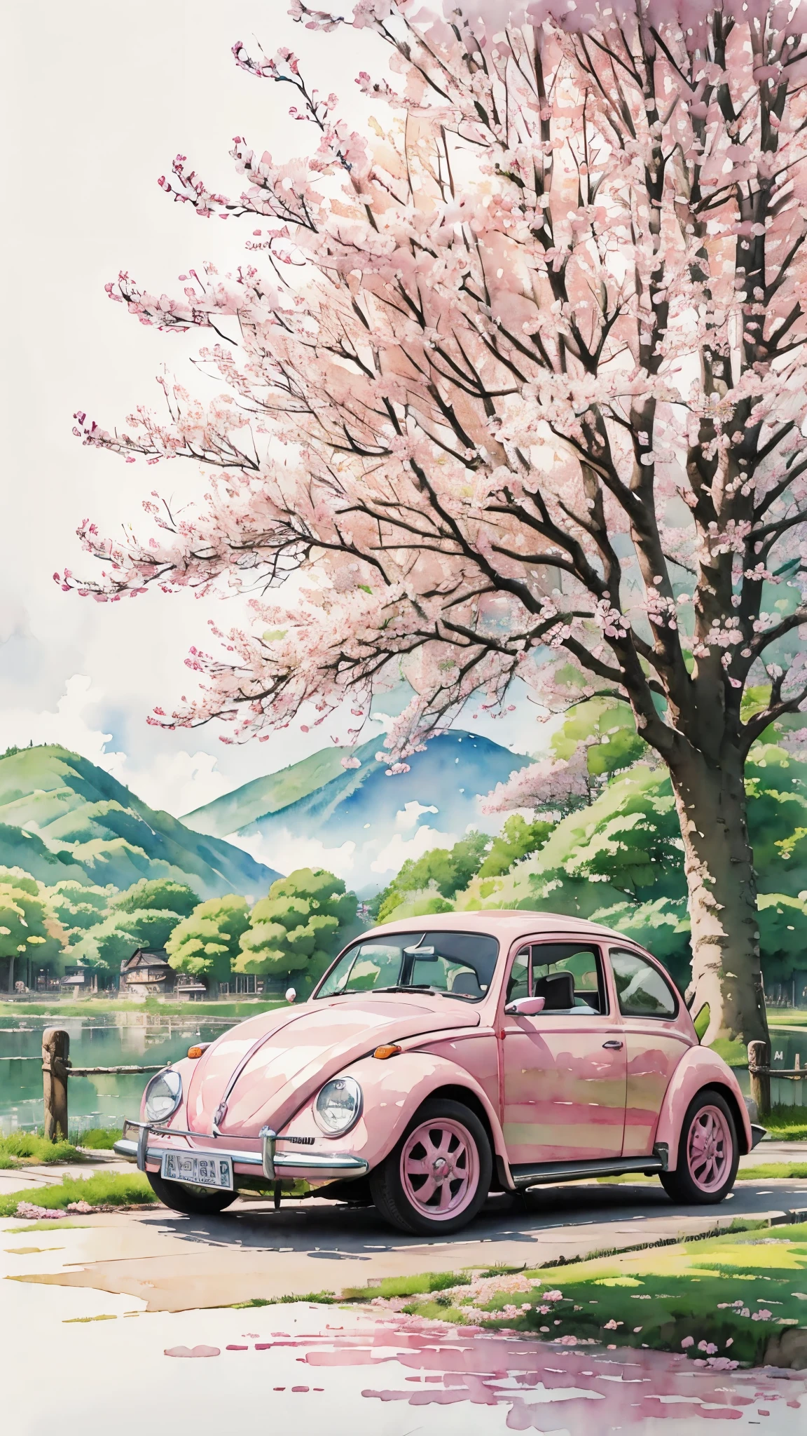 (masterpiece:1.2, Highest quality),(Very detailed),(watercolor),8k,wallpaper,Pink Volkswagen Beetle,Spring in Kyoto,(((Ghibli style)))