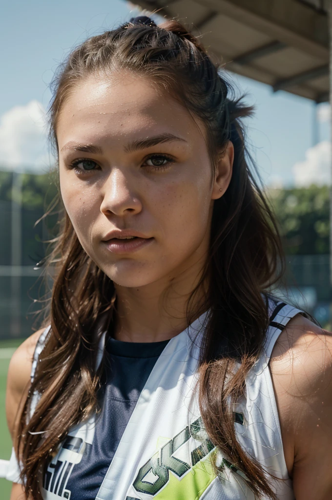 a female athlete wearing soccer uniform, ronda rousey, detailed facial features, long hair, beautiful detailed eyes, beautiful detailed lips, athletic physique, dynamic pose, outdoor field, soccer ball, sunlight, realistic, photorealistic, 8k, highres, masterpiece, ultra-detailed, professional