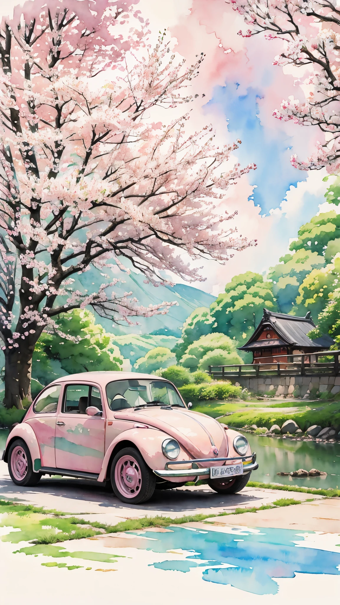 (masterpiece:1.2, Highest quality),(Very detailed),(watercolor),8k,wallpaper,Pink Volkswagen Beetle,Spring in Kyoto,(((Ghibli style)))