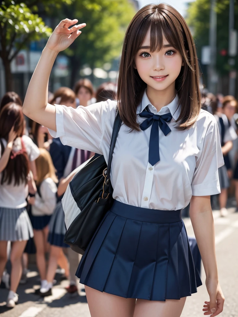 (8k, RAW Photos, Highest quality, masterpiece:1.2), (Realistic, photo-Realistic:1.4), (extremely detailed 8k wallpaper), ((Full Body Shot)), (((1 girl))), Sharp focus, Depth of written boundary, Cinematic lighting, Soft Light, (緻密な美しさのeye, eye_Chan, Very beautiful 17 year old girl, innocent big eyes, Realistic, photo Realistic, Highly detailed cute girl, (Thin thighs), (Model body type), (Brown Hair), (Medium Bob Hair), (Asymmetrical bangs), ((A happy smile)), Glowing Skin, Ultra-dense skin ,High resolution, High Detail, Detailed hairstyle, Detailed facial beauty, hyper Realistic, Perfect limbs, Perfect Anatomy, Perfect female body, (school uniform:1.3),(Mini Skirt Navy blue checked micro mini skirt), Watching the audience, (Crowded city street:1.3)