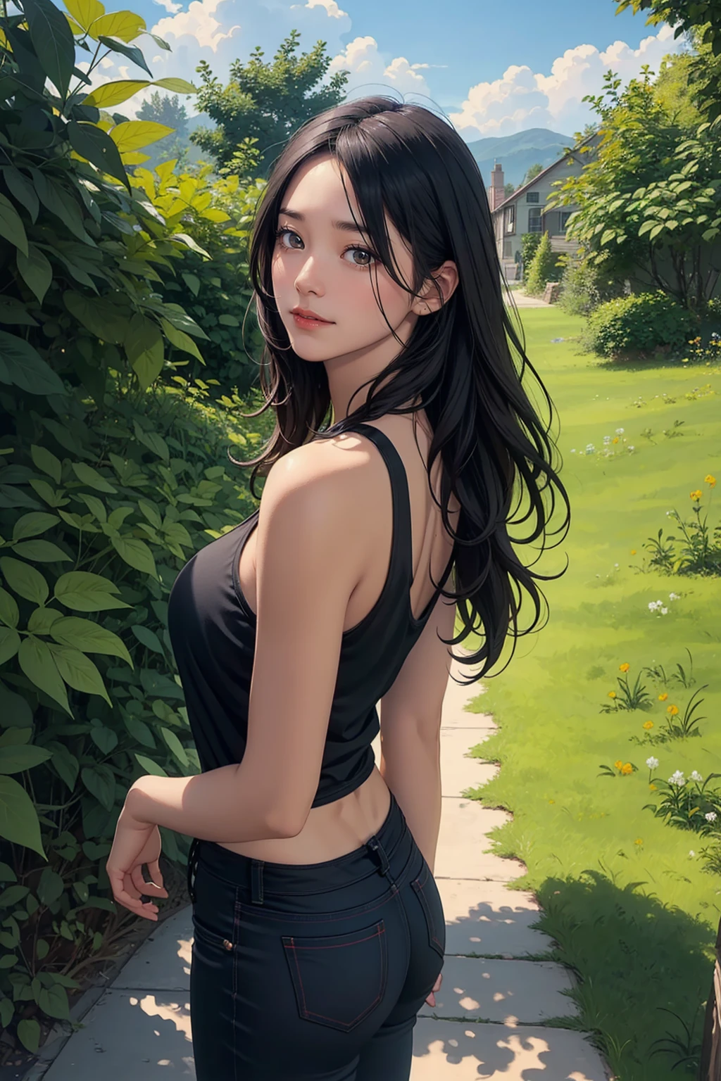 a beautiful woman with long black hair, big breasts, wearing a black tank top and skinny jeans, viewed from the back, smiling, standing in an open grassy field with a clear sky, (best quality,8k,highres,masterpiece:1.2),ultra-detailed,realistic,photo-realistic:1.37,extremely detailed eyes and face,longeyelashes,beautiful detailed lips,intricate details,highly detailed,hyperrealistic,natural lighting,vivid colors,detailed environment,serene landscape