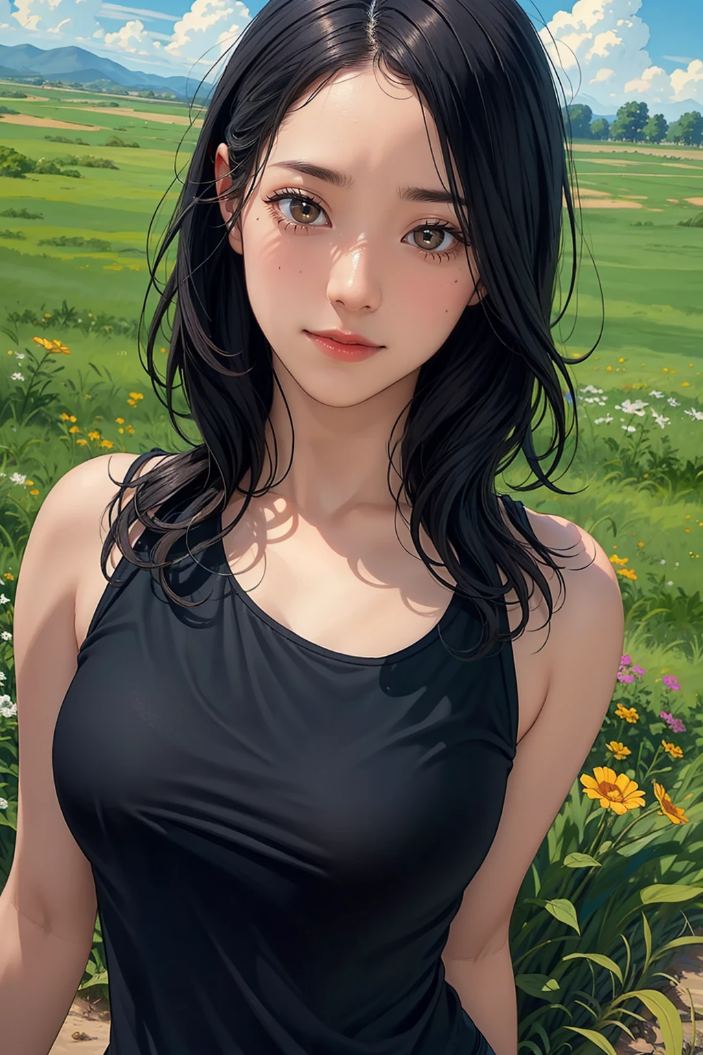 a beautiful woman with long black hair, big breasts, wearing a black tank top and skinny jeans, viewed from the back, smiling, standing in an open grassy field with a clear sky, (best quality,8k,highres,masterpiece:1.2),ultra-detailed,realistic,photo-realistic:1.37,extremely detailed eyes and face,longeyelashes,beautiful detailed lips,intricate details,highly detailed,hyperrealistic,natural lighting,vivid colors,detailed environment,serene landscape