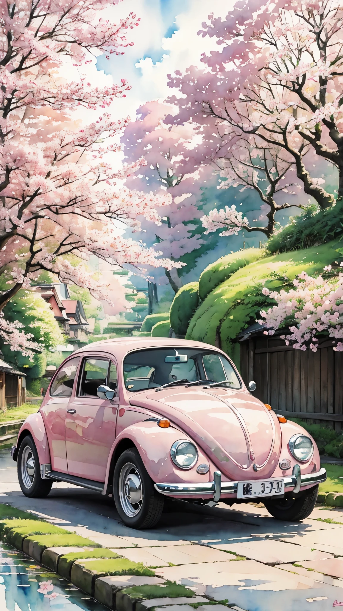 (masterpiece:1.2, Highest quality),(Very detailed),(watercolor),8k,wallpaper,Pink Volkswagen Beetle,Spring in Kyoto,(((Ghibli style)))