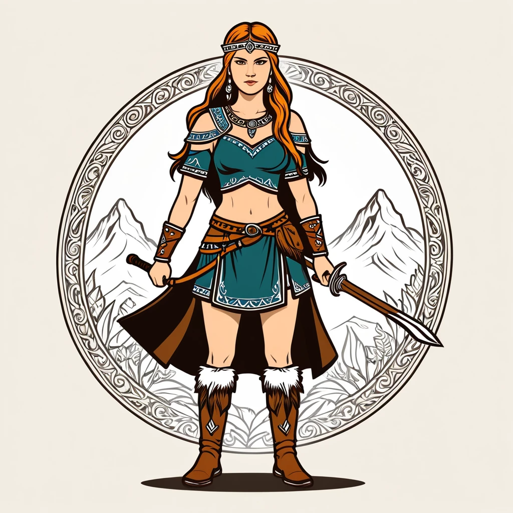 viking amazon in finn folk outfit, vector graphics, strong contours