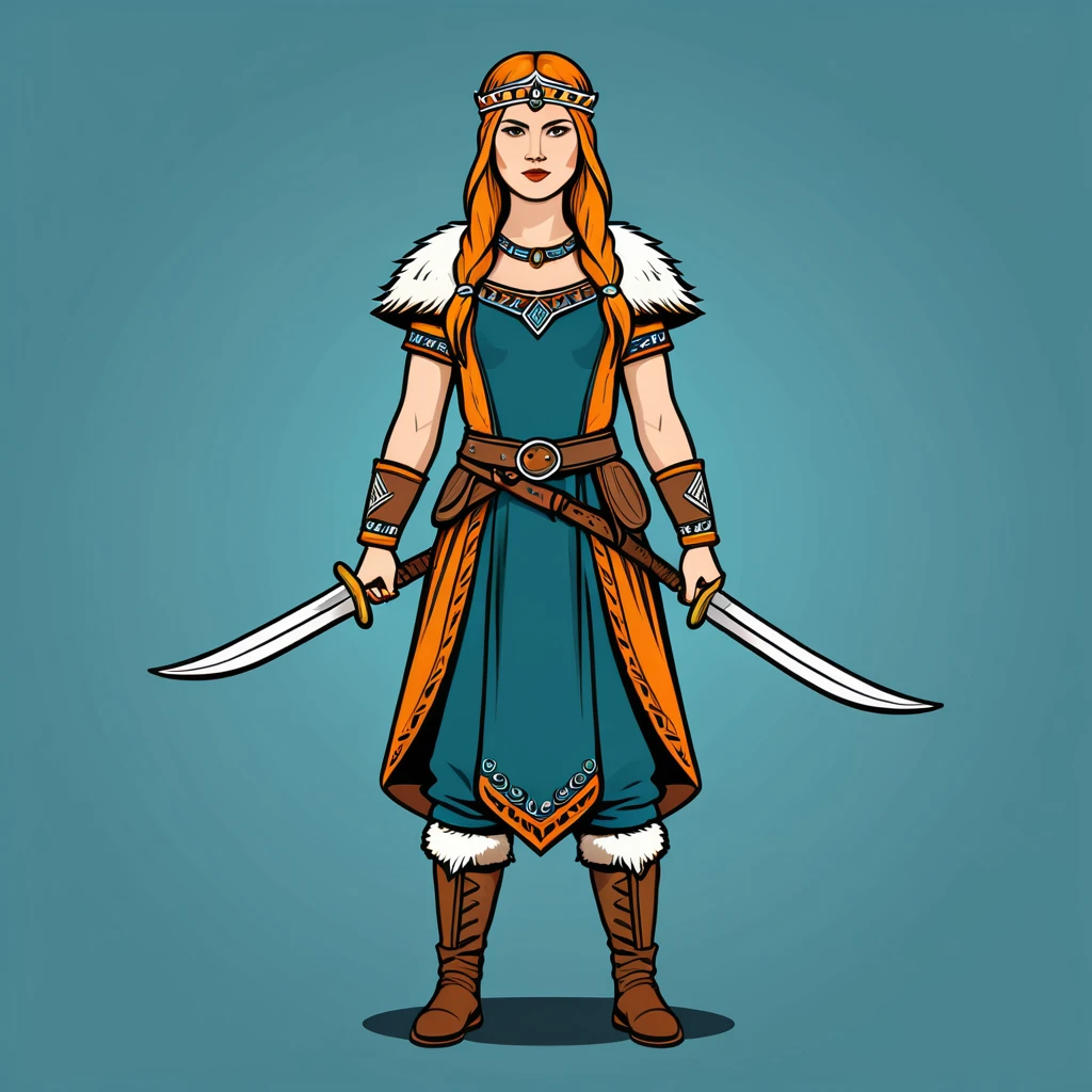 viking amazon in finn folk outfit, vector graphics, strong contours