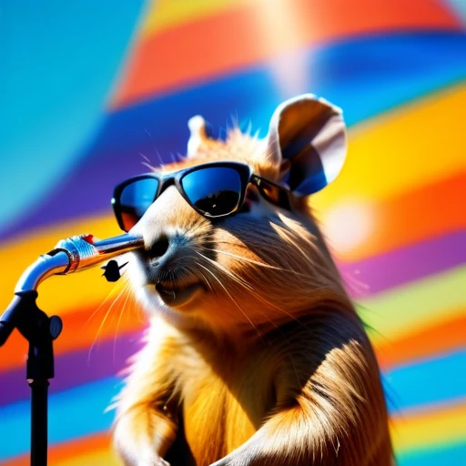 low angle, The photo shows a cute capybara wearing black sunglasses and playing the saxophone on a stage. psychedelic ocean background, the head is raised. The overall impression is humorous and adventurous. The intricate details of the mouse's fur, whiskers and claws are meticulously reproduced and make it appear lifelike.
