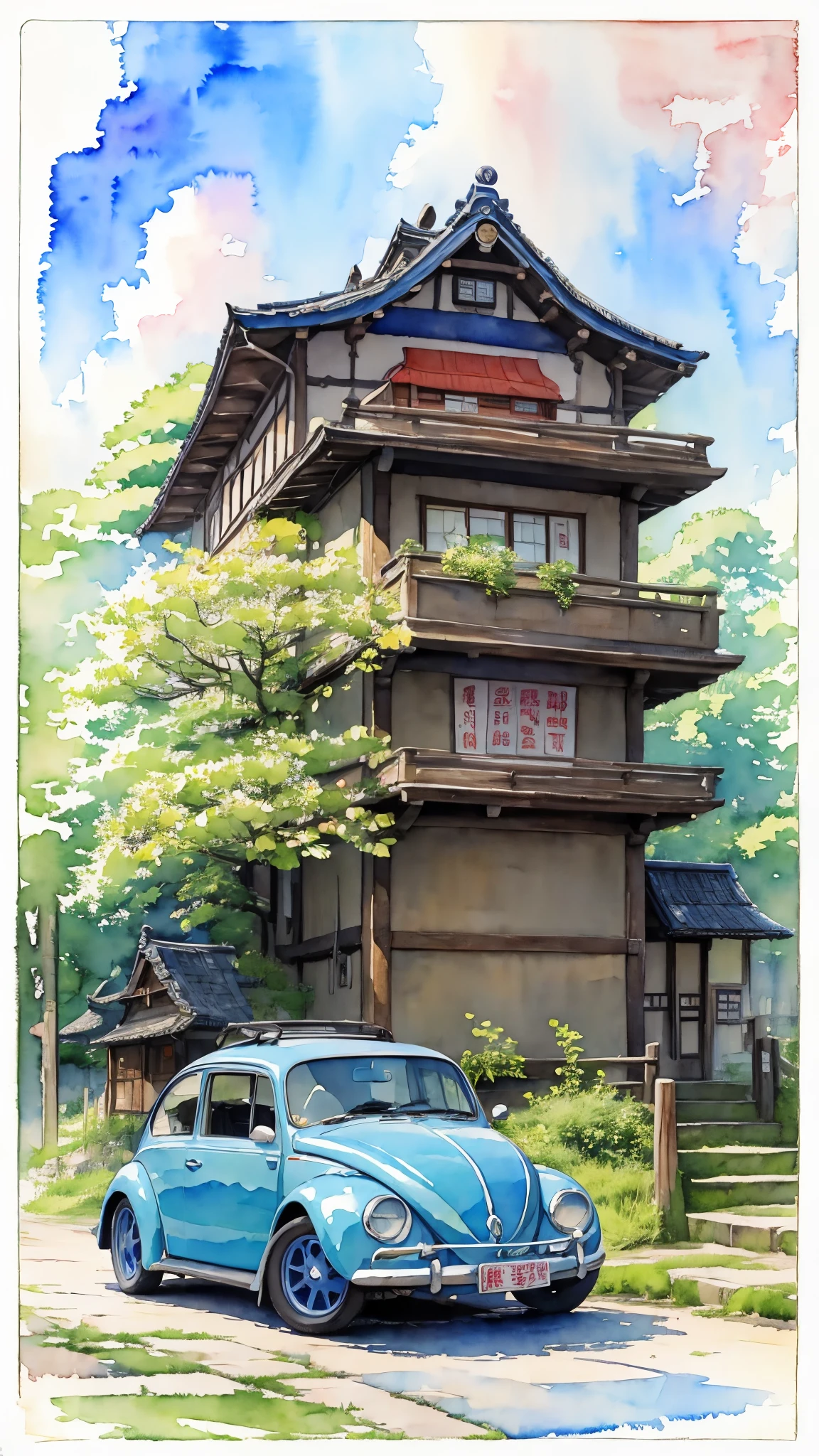 (masterpiece:1.2, Highest quality),(Very detailed),((watercolor)),8k,wallpaper,Blue Volkswagen Beetle,Kyoto in Summer,(((Ghibli style)))