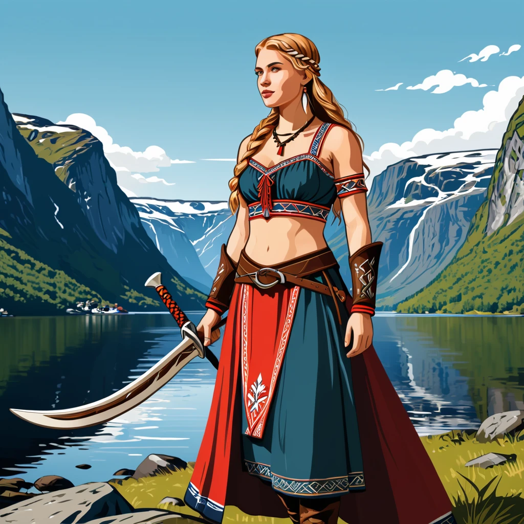 viking amazon in norway folk outfit, vector graphics, strong contours