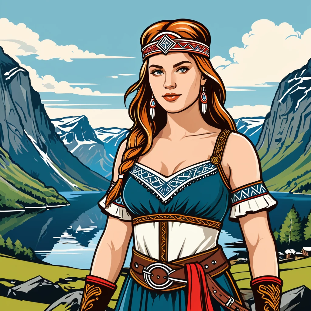 viking amazon in norway folk outfit, vector graphics, strong contours
