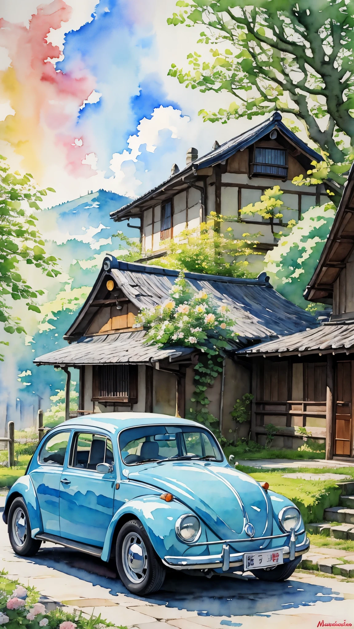 (masterpiece:1.2, Highest quality),(Very detailed),((watercolor)),8k,wallpaper,Blue Volkswagen Beetle,Kyoto in Summer,(((Ghibli style)))