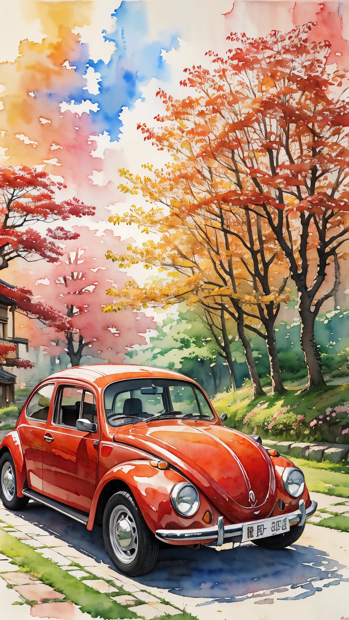 (masterpiece:1.2, Highest quality),(Very detailed),((watercolor)),8k,wallpaper,Red Volkswagen Beetle,Autumn in Kyoto,(((Ghibli style)))