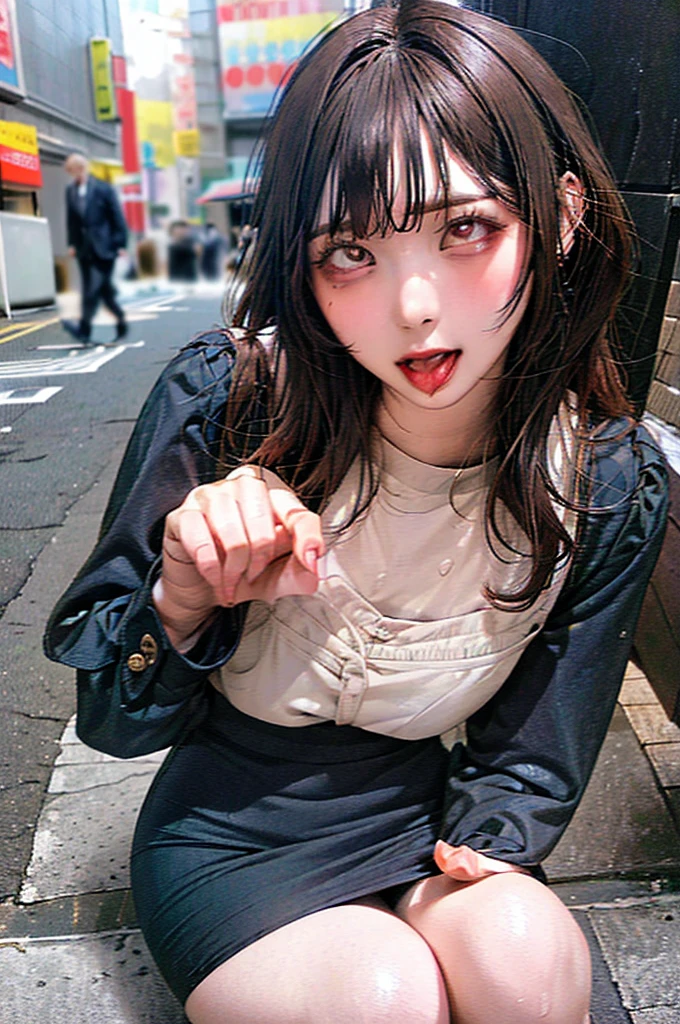 allfours:1.5,masterpiece,quality,High resolution,高quality,Realistic,Brown Hair,blunt bangs,business suit,Pencil Skirt,Black jacket,White collared shirt,whole body,Ahegao,Drooling:2.0,Sweat:2.0,High heels,Male hand,Blue remote controller