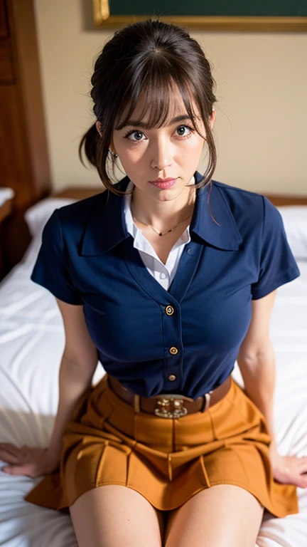{{{masterpiece}}}, {{{best quality}}}, {{ultra-detailed}}, {illustration}, {{an extremely delicate and beautiful}}, (((cowgirl position))), (((embarrassed))), ((school uniform)), 50 years old, mature woman, one woman, married woman, beautiful face, pretty face, on bed, midium bretht, midium hair