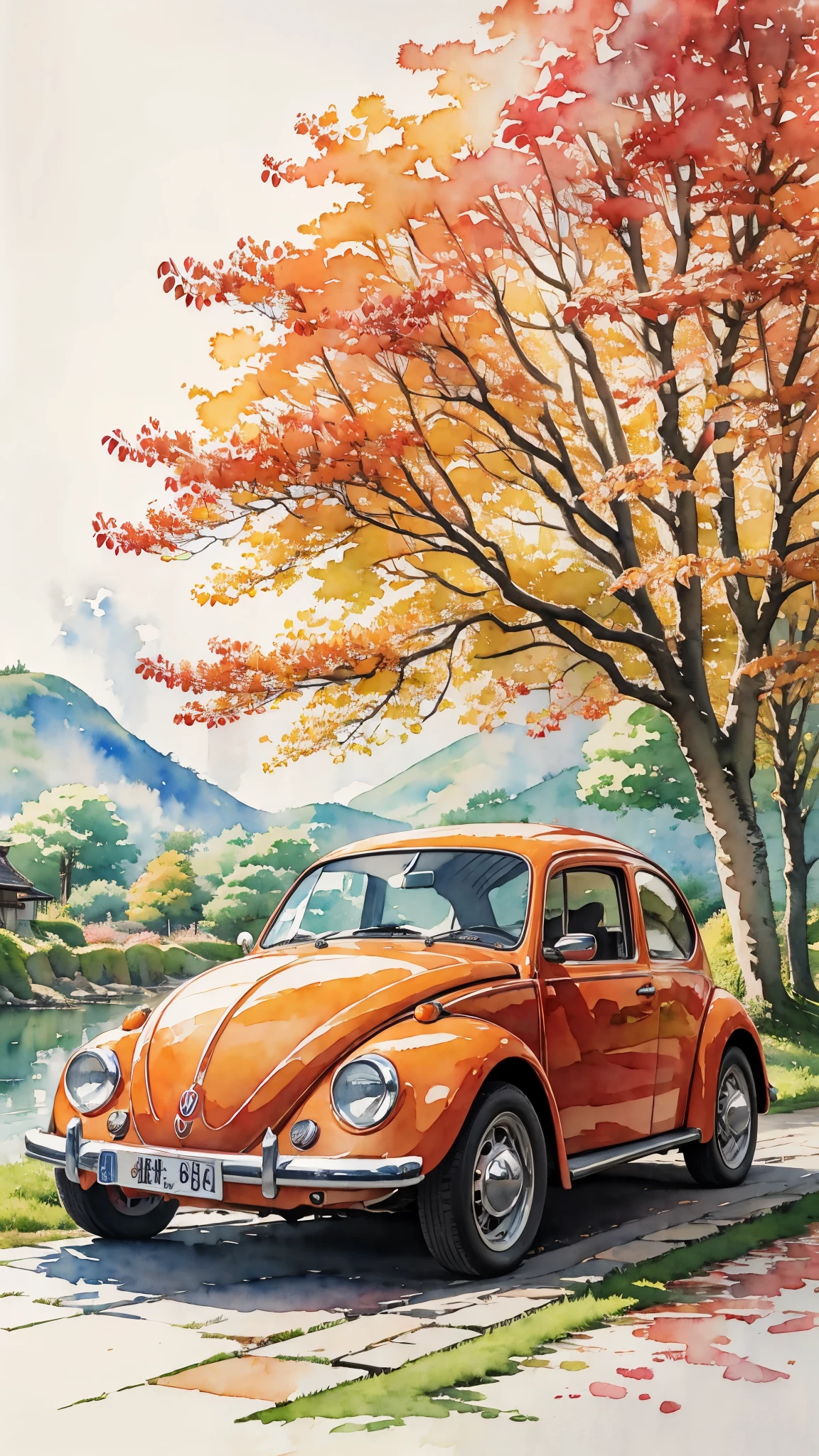 (masterpiece:1.2, Highest quality),(Very detailed),((watercolor)),8k,wallpaper,Red Volkswagen Beetle,Autumn in Kyoto,(((Ghibli style)))