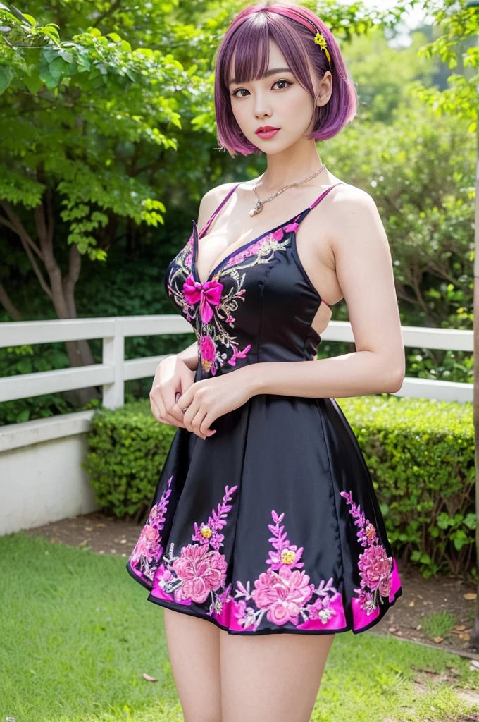 (masterpiece:1.4), (best quality:1.4), ultra high res, ultra high resolution, ((ultra detailed facial features)), HDR, (realistic, photorealistic, photo-realistic:1.37), full body Esbian, sexy Swedish model, (-anime), vivid colors, ((vivid colors multicolor (fuchsia, pink, light blue, purple) very short hair)), (seductive smile), ultra detailed metallic makeup, lip-gloss, long lashes, defined eyebrows, wearing large sparkling colorful jewelery, wearing a red silk Paradise Kiss cosplay dress with black floral embroidery, ((vivid colors outfit)), vivid colors, look at the camera, cinematic light, large park background with trees, sweet and sexy pose
