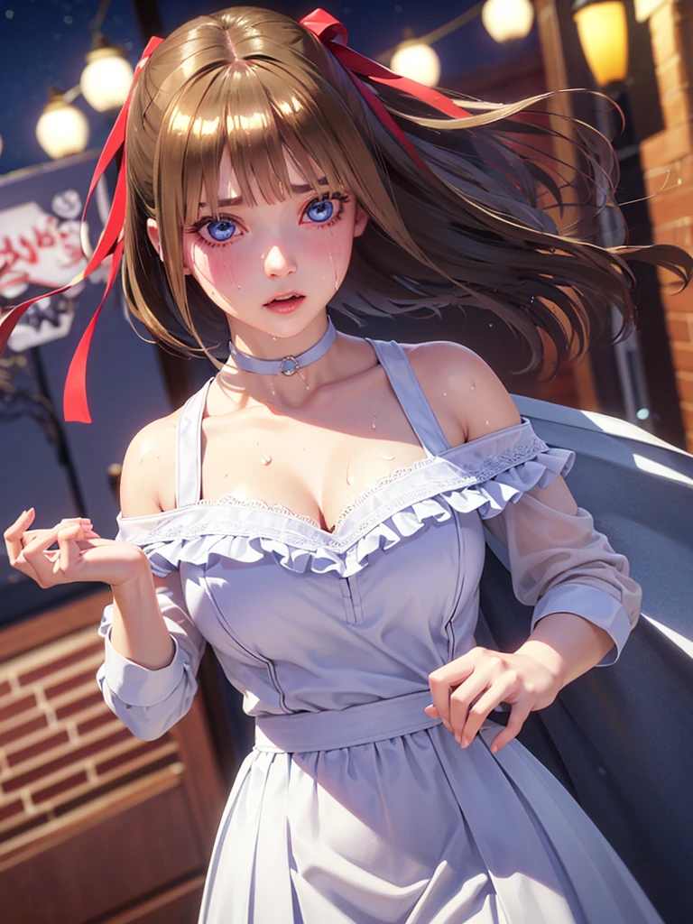 A beautiful girl going shopping, shopping bags in her both hands, on the street, in public, a beautiful day, black sleeveless blouse, blouse with a high neck, red mini circle skirt, pink panties, big rounds breasts, a pairs strap high heels, dark brown hair, long bangs, french braid, long hair, ponytail, wavy hair, expressive hair, shiny hair, hair flower, ribbon, jewelry, aqua eyes, glowing eyes, pupils sparkling, earrings, smiley, blush, happy, red lips, glossy lips, full body, defined thihs, waist thin, high detail, anime, anime style, depth of field, cinematic lighting, dithering, image fill, multiple views, atmospheric perspective, perspective, Wide-Angle, f/1.8, 85mm, Nikon, 8k, super detail, UHD, retina, masterpiece, accurate, anatomically correct, textured skin, super detail, best quality, highres, 16k
