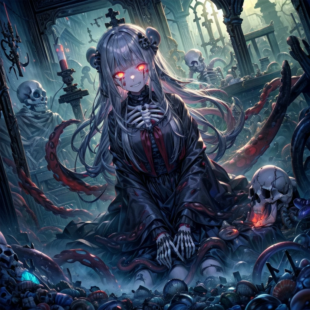 (Thriller Theme,Bloody and violent themes:1.3),(Unclean mollusk tentacles,radicalism:1.4),
Good details, (Glowing background),
Highest quality, wide angle super detail, masterpiece, 8k, Natural light, Soft lighting, sunlight, High resolution (High Dynamic Range), Maximum clarity and sharpness, Multilayer Texture,
Looking at the audience,Close to the audience,night,Unclean,
(Faith of the Dead,A totally malicious cult,Human Sacrifice Ritual,Creepy black mist and bloody mist,A creepy manic grin:1.4),(severe bleeding, self-injurious behavior:1.4)
1 girl,Upper Body,Perfectly detailed eyes and face,Frowning,Red eyes,Gray Hair,Skull and bones themed costume,Black gothic dress with beautiful details,Tears of Blood,
(Cult temple built entirely of skulls and bones,Skeleton Beam,Altar of Bone:1.4),
(Glowing Eyes,Disheveled long hair,:1.5),
Lens flare,Light leakage,