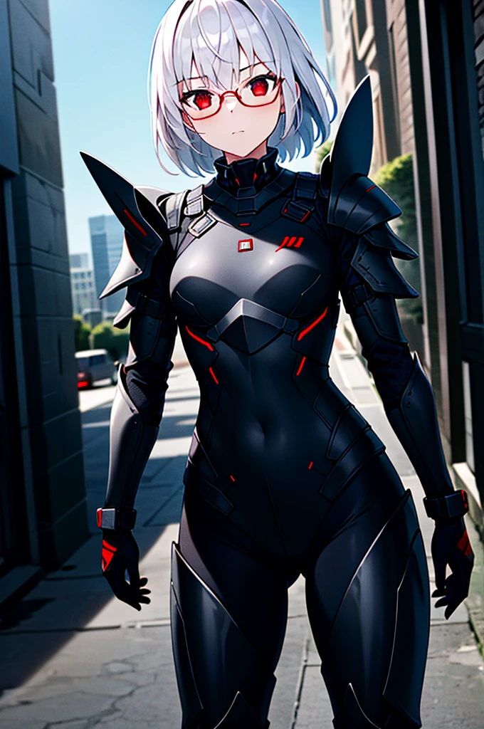 Masterpiece, solo, female, 1girl, 4k, standing, outdoor, white hair, glasses, short, futuristic black soldier armor, cowboy shot's, Bokeh,red eyes, female soldier, bulletproof soldier armor, flat breast, flat chest,