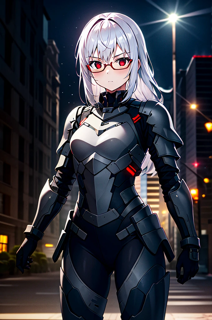 Masterpiece, solo, female, 1girl, 4k, standing, outdoor, white hair, glasses, short, futuristic black soldier armor, cowboy shot's, Bokeh,red eyes, female soldier, bulletproof soldier armor, flat breast, flat chest, 