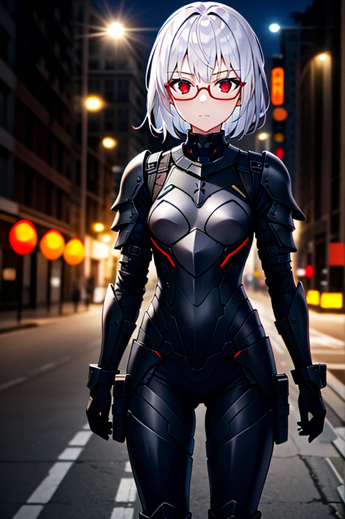 Masterpiece, solo, female, 1girl, 4k, standing, outdoor, white hair, glasses, short, futuristic black soldier armor, cowboy shot's, Bokeh,red eyes, female soldier, bulletproof soldier armor, flat breast, flat chest,