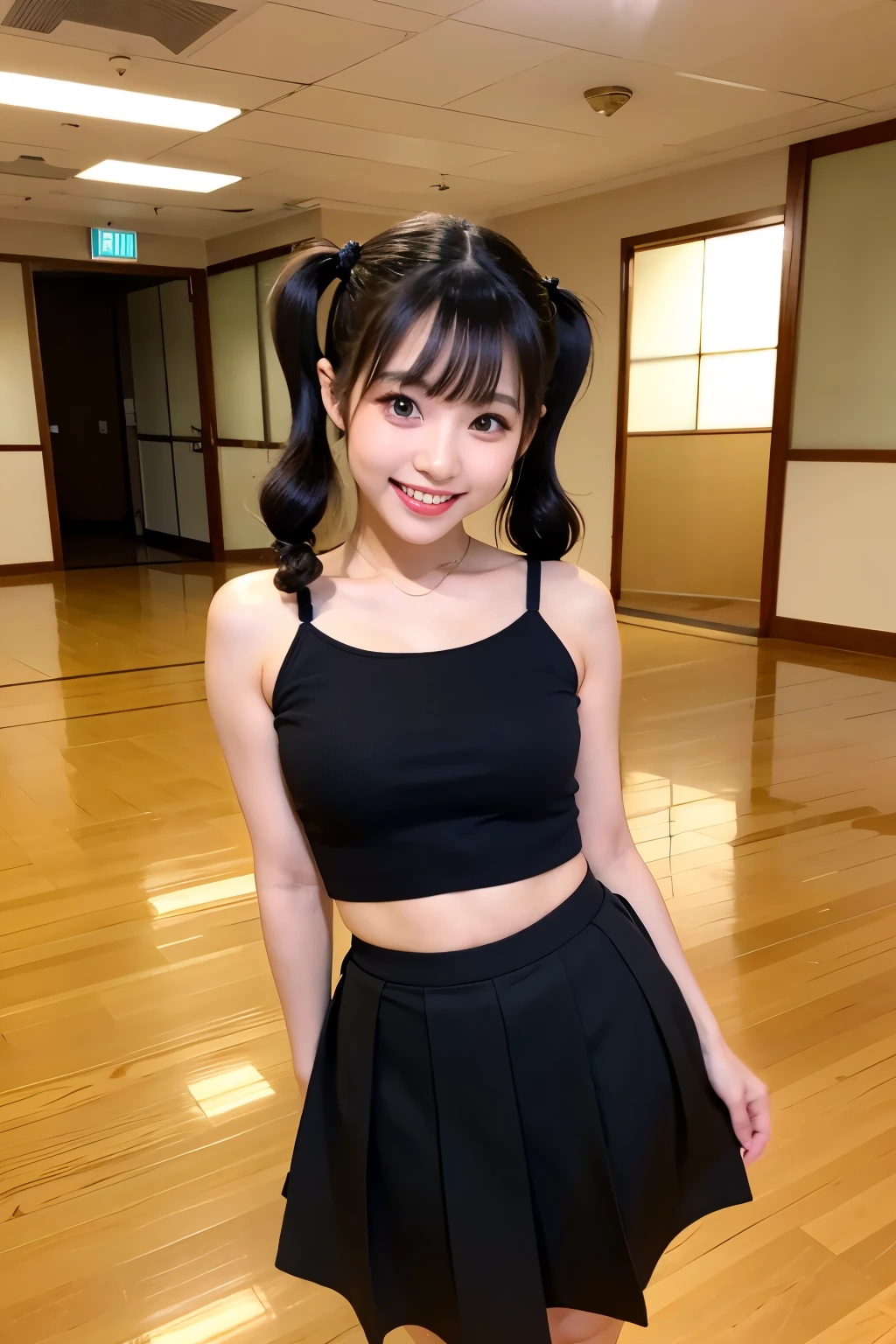 Standing in a large, empty room、Cute black hair、Young girl with twin tails、Japanese、Makeup and a pretty face like an idol、Smiling、Cute outfitini skirt、Full body portrait