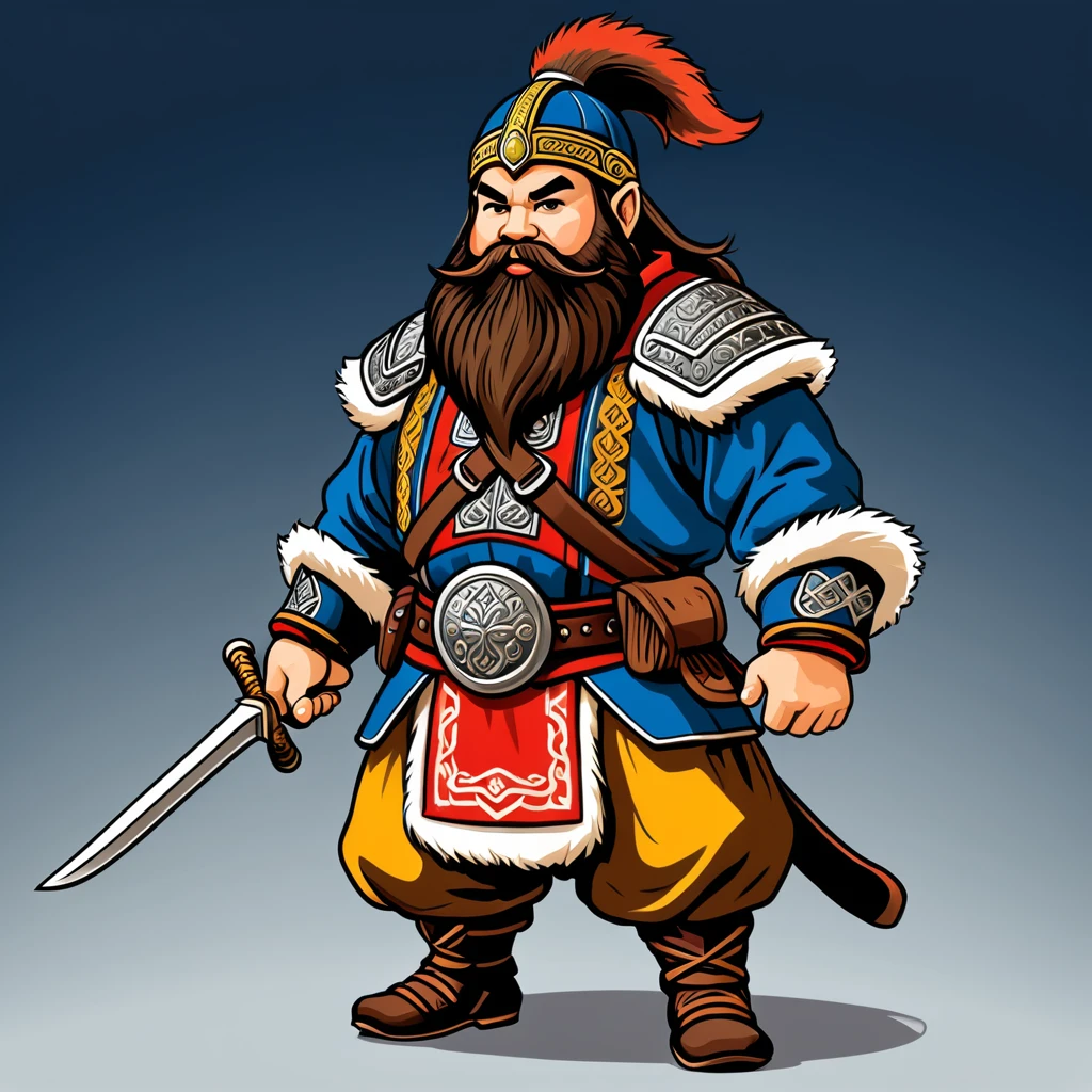 japanese dwarf warrior in swedish folk outfit, vector graphics, strong contours
