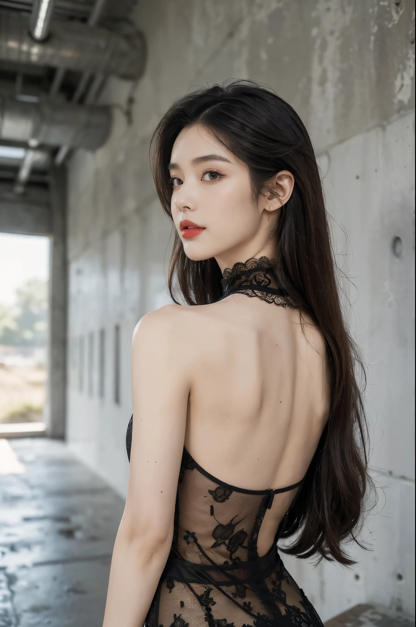 (((best quality))),(((ultra detailed))),(((masterpiece))),illustration,((1 beautiful girl,solo)),((slim,thin)),((bare back,towering hips,butt crack)),(shoulder length straight hair:1.2),summer afternoon,((unfinished concrete room,alluring,gray walls)),(black lace dress:1.3),seductive,elegant,full bosom,fair skin,golden strands,delicate features,deep brown eyes,mischief,mystery,enchanting smile,vibrant red lips,serene beauty,self-assuredness,industrial ambiance,raw cement walls,exposed pipes,sexuality,allure,refined beauty,compelling visual narrative,seductive gaze,elegant posture,industrial backdrop,lasting impression,((standing,from back,upper body))