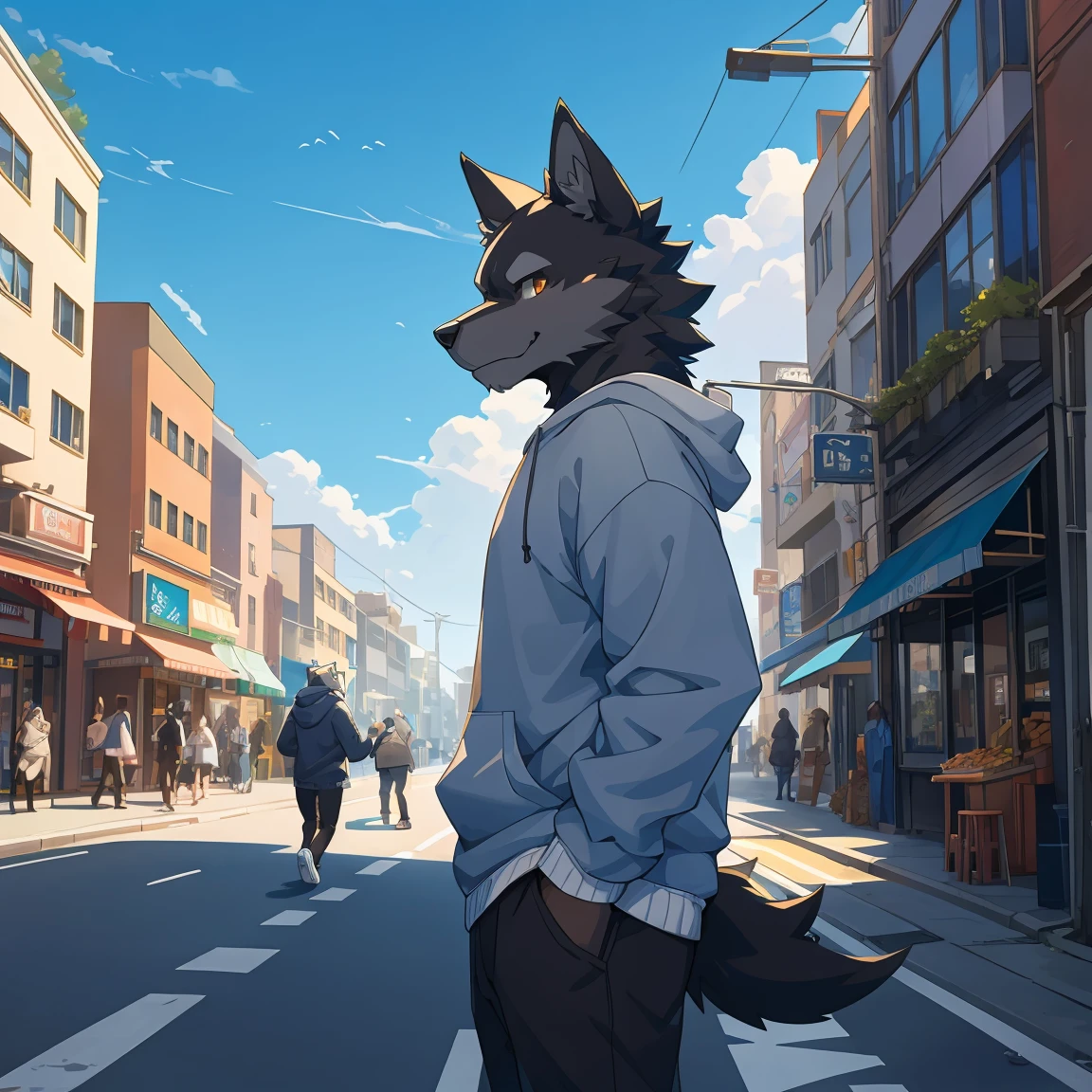 Muscular body, Black fur, Standing on the street, Snack Street Background,head tilted to one side,Beautiful blue sky and white clouds，People coming and going , Wearing a gray sweatshirt, Wolf furry character