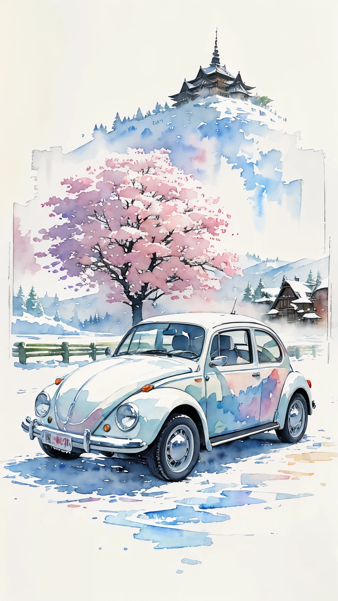 (masterpiece:1.2, Highest quality),(Very detailed),((watercolor)),8k,wallpaper,White Volkswagen Beetle,Kyoto in Winter,(((Ghibli style)))