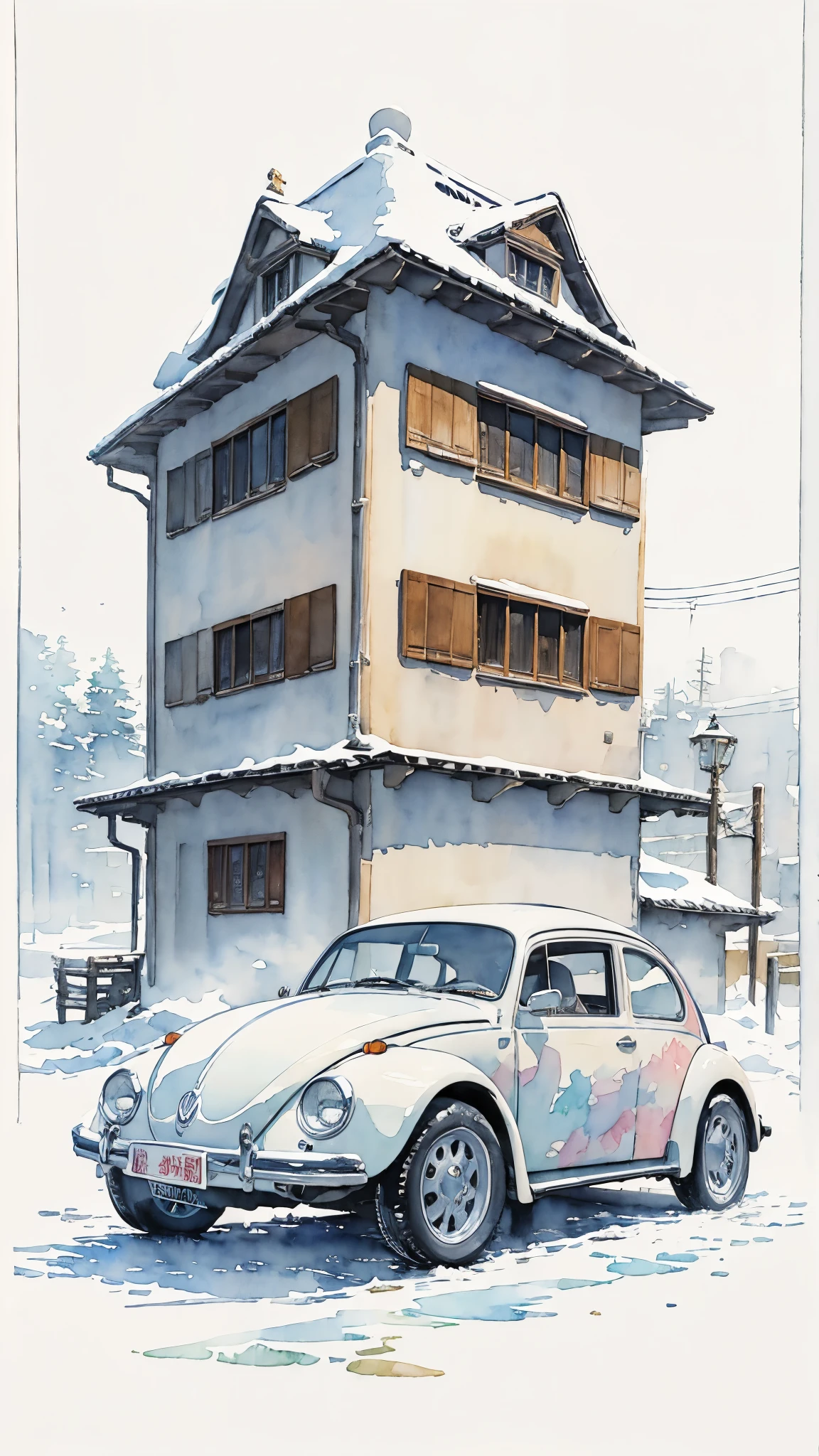 (masterpiece:1.2, Highest quality),(Very detailed),((watercolor)),8k,wallpaper,White Volkswagen Beetle,Kyoto in Winter,(((Ghibli style)))