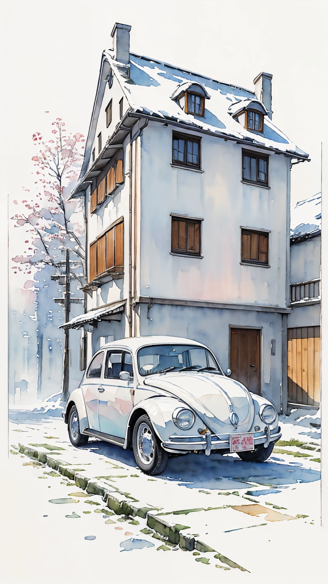 (masterpiece:1.2, Highest quality),(Very detailed),((watercolor)),8k,wallpaper,White Volkswagen Beetle,Kyoto in Winter,(((Ghibli style)))