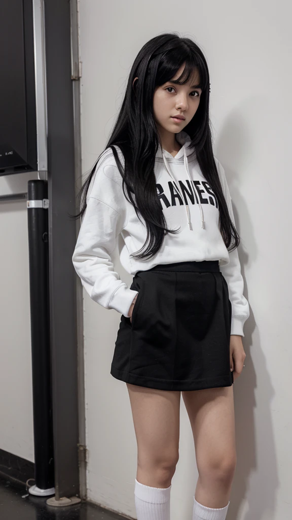 i am woman. im i have white and black hair (any hair type). i wear black and white hoodie. black short skirt. i wear i wear the very long white and black strip socks. (anime) (Wallpaper)