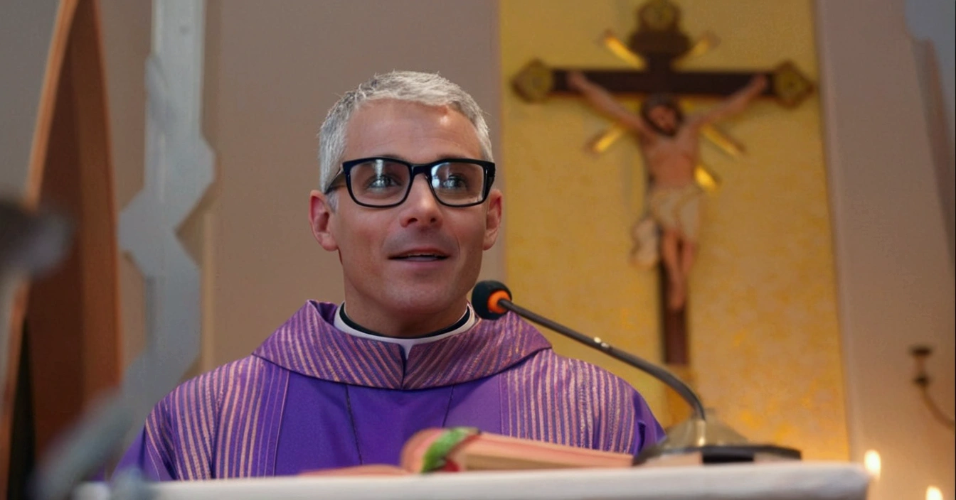 A tall man, strong body, smiling, black glasses, no beard, short gray hair, wearing a priest's outfit and on a white background
