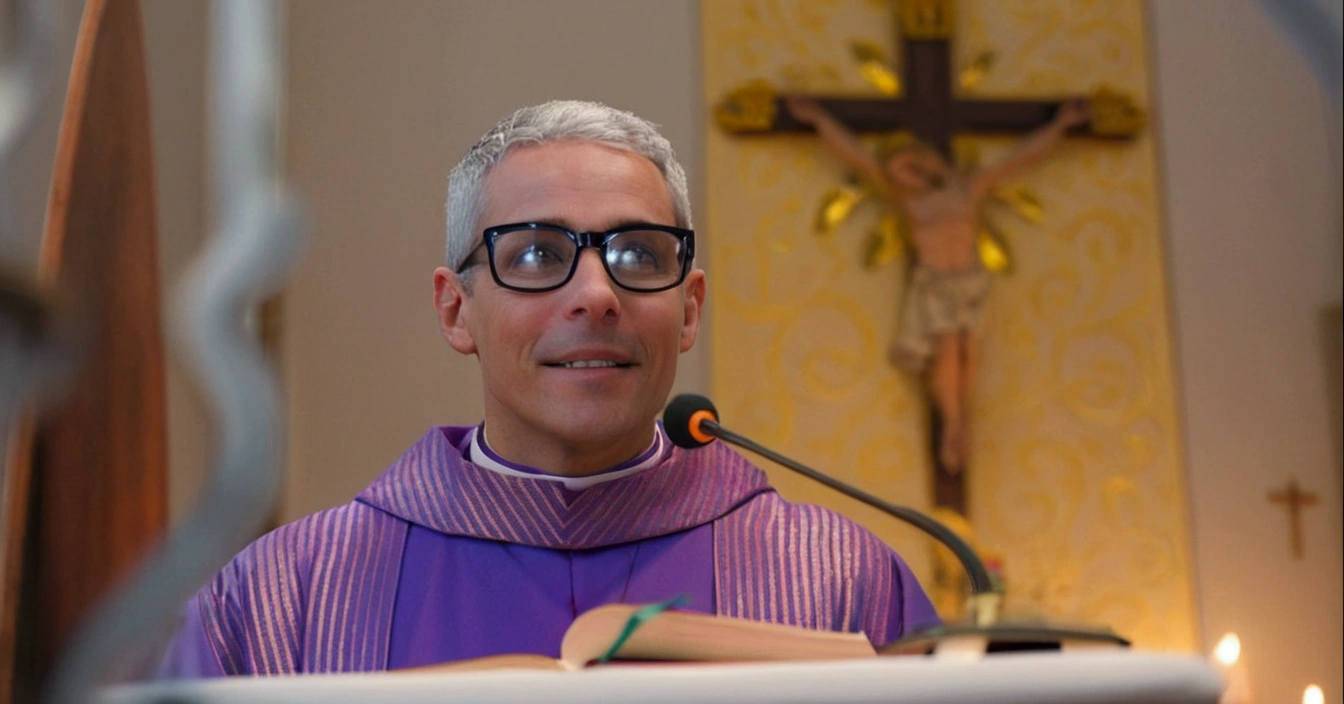 A tall man, strong body, smiling, black glasses, no beard, short gray hair, wearing a priest's outfit and on a white background