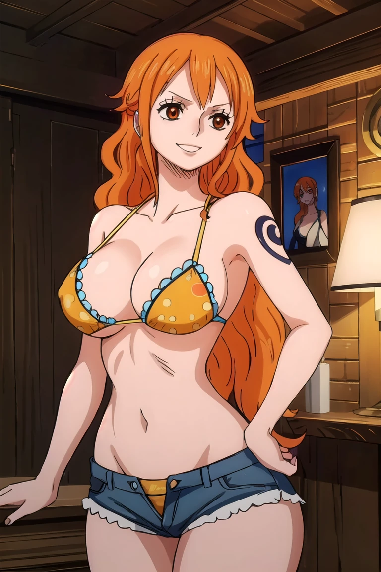 nami,((long straight orange hair )) , shoukder tattoo (8k, RAW photo, best quality, masterpiece:1.2), (intricate details), big breasts , wide hips , milf body ,sexy body, perfect eyes, perfect face, perfect lighting, beautiful, (masterpiece:1.2), (best quality:1.2), 1girl, , micro bikini top , denim shorts , bedroom ,smile