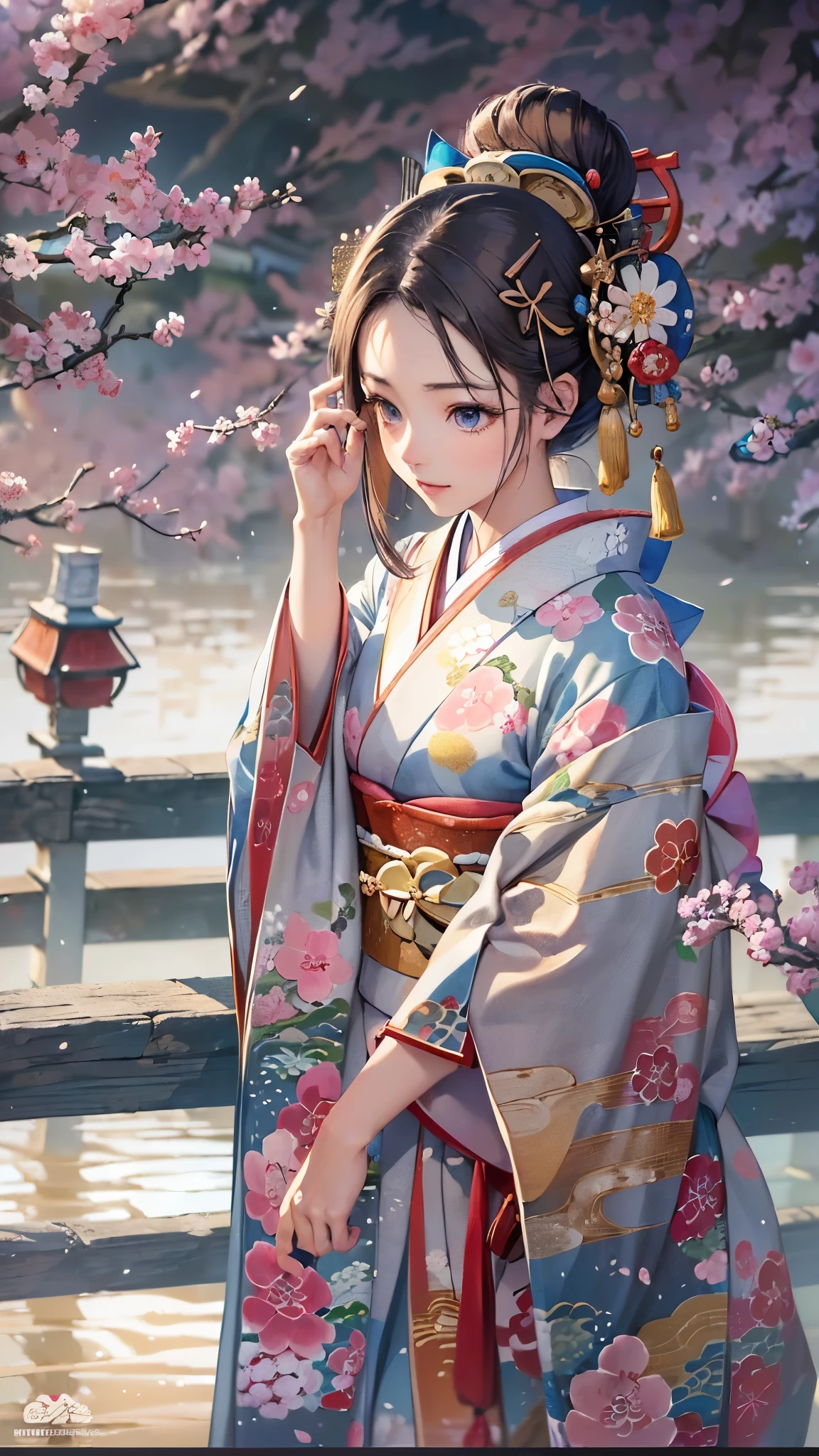 ((Highest quality)),(Ultra-high resolution),(Super detailed),(Detailed Description),((The best CG)),(masterpiece),Highly detailed art,(Art with precise detail:1.5), (Japanese painting:1.5), (A woman wearing a kimono standing on a bridge:1.5),(Japanese clothes in calm colors:1.4), A refreshing breeze blowing through:1.5
