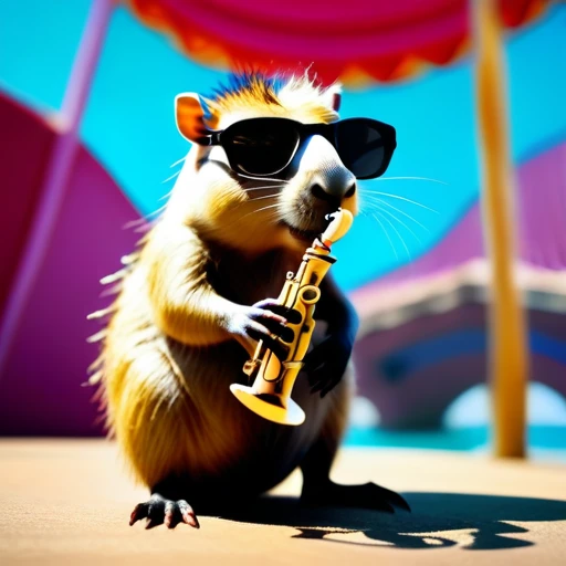 low angle, The photo shows a cute capybara wearing black sunglasses and playing the saxophone on a stage. psychedelic ocean background, the head is raised. The overall impression is humorous and adventurous. The intricate details of the mouse's fur, whiskers and claws are meticulously reproduced and make it appear lifelike.