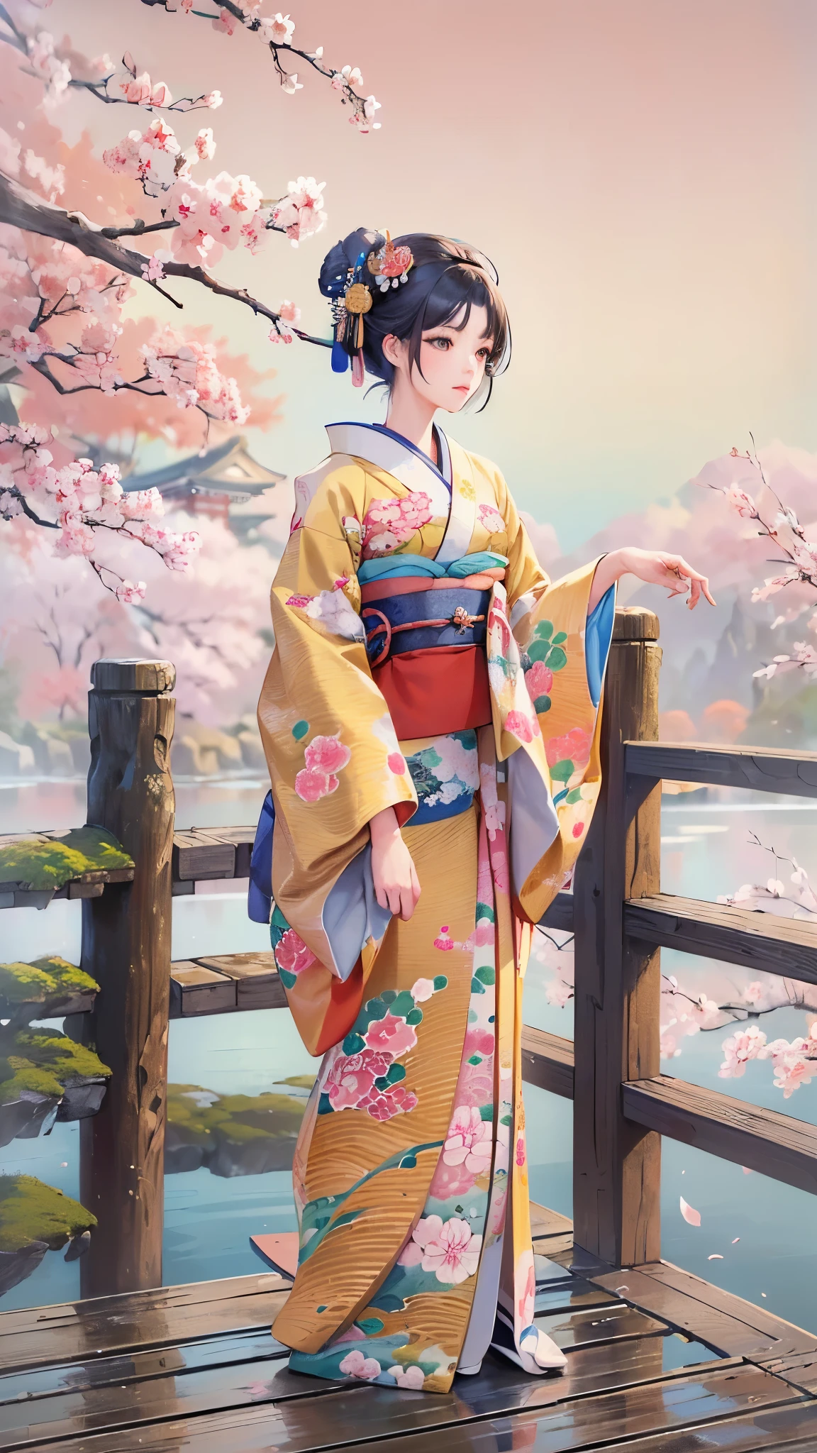 ((Highest quality)),(Ultra-high resolution),(Super detailed),(Detailed Description),((The best CG)),(masterpiece),Highly detailed art,(Art with precise detail:1.5), (Japanese painting:1.5), (A woman wearing a kimono standing on a bridge:1.5),(Japanese clothes in calm colors:1.4), A refreshing breeze blowing through:1.5