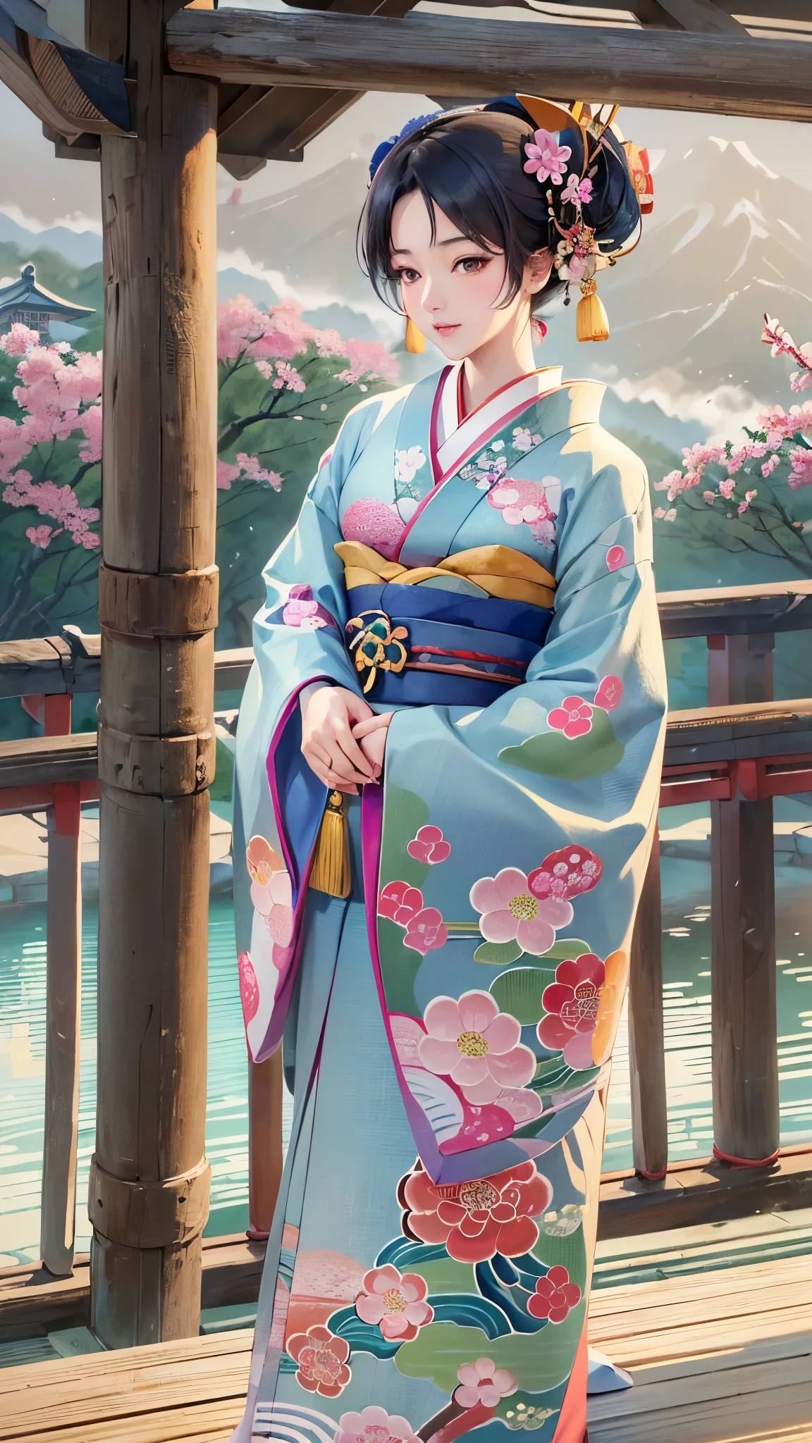 ((Highest quality)),(Ultra-high resolution),(Super detailed),(Detailed Description),((The best CG)),(masterpiece),Highly detailed art,(Art with precise detail:1.5), (Japanese painting:1.5), (A woman wearing a kimono standing on a bridge:1.5),(Japanese clothes in calm colors:1.4), A refreshing breeze blowing through:1.5