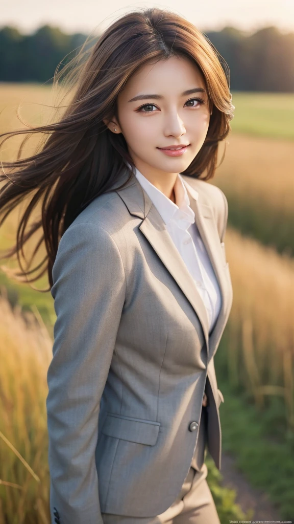 highest quality、genuine、Super detailed、finely、High resolution、8k wallpaper、one beautiful woman、、、light brown disheveled hair、wearing a business suit、sharp focus、perfect dynamic composition、beautiful and detailed eyes、thin hair、Detailed genuine skin texture、smile、model body shape、In a windswept meadow