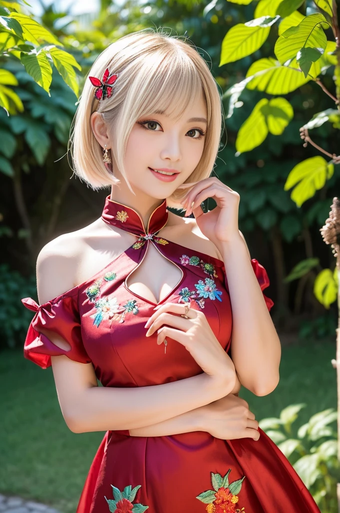 (masterpiece:1.4), (best quality:1.4), ultra high res, ultra high resolution, ((detailed facial features)), HDR, (realistic, photorealistic, photo-realistic:1.37), full body, sexy Vietnamese woman, (seductive smile), (slim girl), long lashes, multicolor metallic makeup, vivid colors, (multicolor platinum blonde very short hair), fair skin, elegant posture, wearing large sparkling colorful jewelery, wearing a red silk Paradise Kiss cosplay dress with black floral embroidery, multicolor butterflies, eastern setting, japanese park in background, lush garden, sunny, in focus, gentle sunlight shining, casting a soft glow on her face, adding warmth to the scene, vivid colors, showcasing her natural beauty and grace in a feminine way
