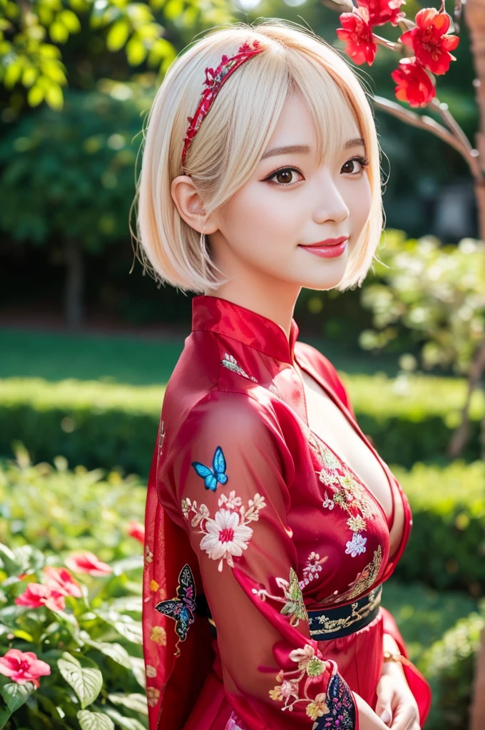 (masterpiece:1.4), (best quality:1.4), ultra high res, ultra high resolution, ((detailed facial features)), HDR, (realistic, photorealistic, photo-realistic:1.37), full body, sexy Vietnamese woman, (seductive smile), (slim girl), long lashes, multicolor metallic makeup, vivid colors, (multicolor platinum blonde very short hair), fair skin, elegant posture, wearing large sparkling colorful jewelery, wearing a red silk Paradise Kiss cosplay dress with black floral embroidery, multicolor butterflies, eastern setting, japanese park in background, lush garden, sunny, in focus, gentle sunlight shining, casting a soft glow on her face, adding warmth to the scene, vivid colors, showcasing her natural beauty and grace in a feminine way