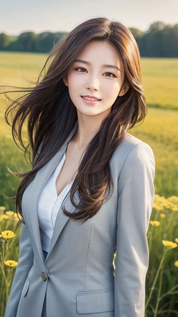 highest quality、genuine、Super detailed、finely、High resolution、8k wallpaper、one beautiful woman、、、light brown disheveled hair、wearing a business suit、sharp focus、perfect dynamic composition、beautiful and detailed eyes、thin hair、Detailed genuine skin texture、smile、model body shape、In a windswept meadow