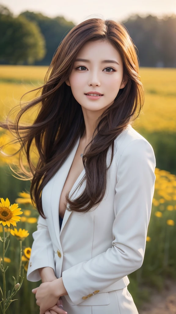 highest quality、genuine、Super detailed、finely、High resolution、8k wallpaper、one beautiful woman、、、light brown disheveled hair、wearing a business suit、sharp focus、perfect dynamic composition、beautiful and detailed eyes、thin hair、Detailed genuine skin texture、smile、model body shape、In a windswept meadow