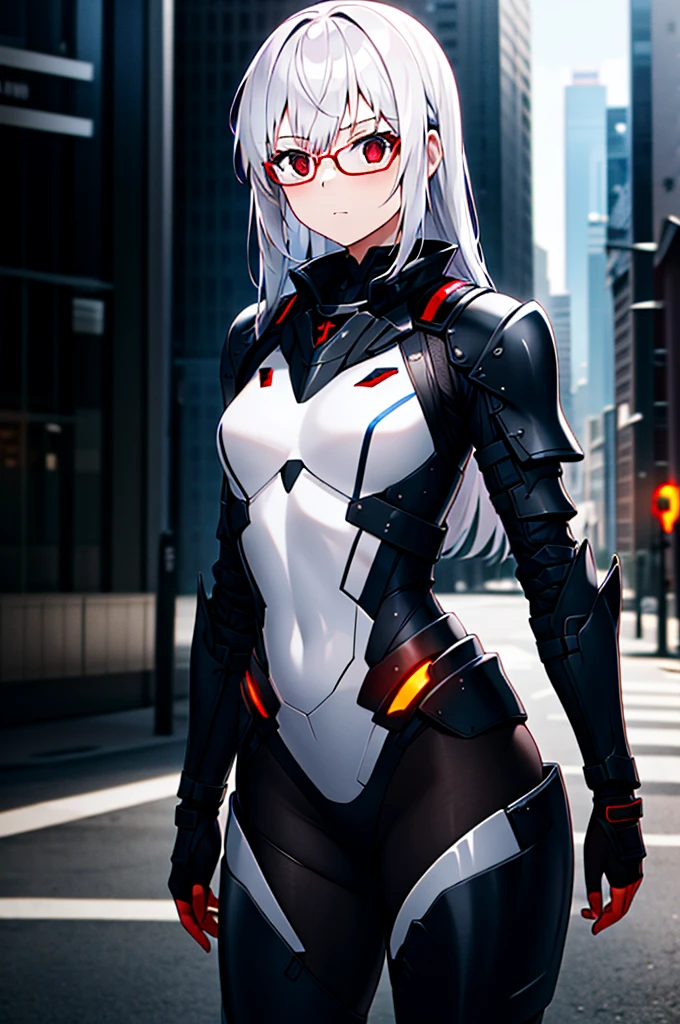Masterpiece, solo, female, 1girl, 4k, standing, outdoor, white hair, glasses, short, futuristic black soldier armor, cowboy shot's, Bokeh,red eyes, female soldier, soldier armor 