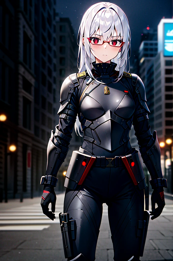 Masterpiece, solo, female, 1girl, 4k, standing, outdoor, white hair, glasses, short, futuristic black soldier armor, cowboy shot's, Bokeh,red eyes, female soldier, bulletproof soldier armor, flat breast, flat chest, mature women 