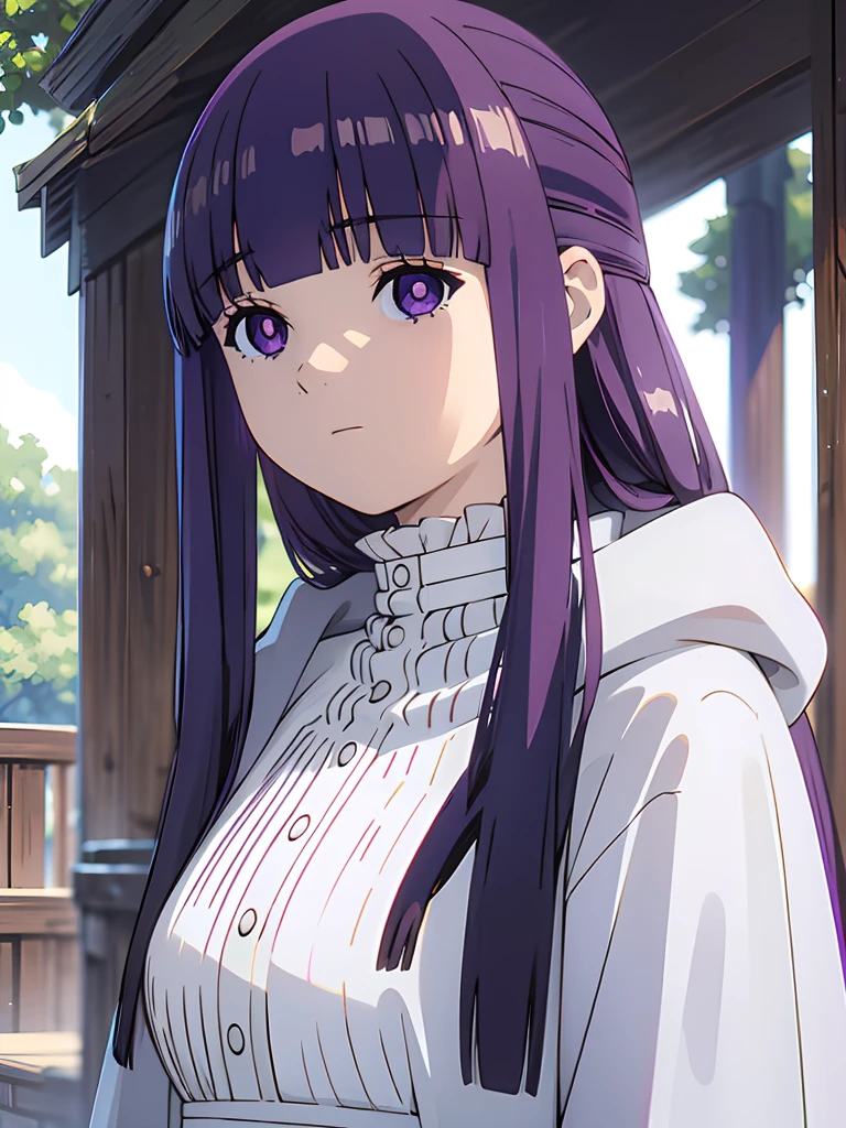 ((masterpiece)),(best quality),official art,extremely delicate and beautiful,extremely detailed CG,unity 8k wallpaper,ultra detailed,beautiful detailed eyes,extremely detailed face,outdoors,1girl,solo,upper body,(portrait:1.5),looking at viewer,facing viewer,expressionless,long hair,purple hair,straight hair,half updo,hime cut,sidelocks,blunt bangs,purple eyes,bright pupils,white pupils,hooded robe,hood down,black robe,white shirt,frills,buttons,long sleeves,medium breasts,long skirt,white skirt,black boots,