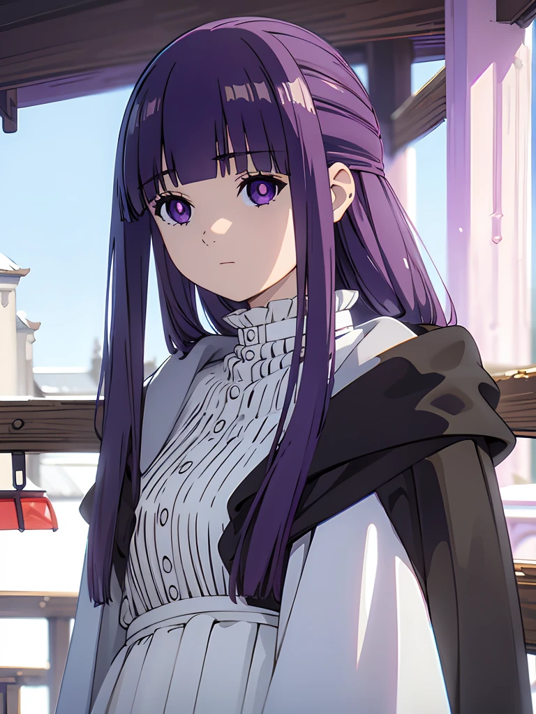 ((masterpiece)),(best quality),official art,extremely delicate and beautiful,extremely detailed CG,unity 8k wallpaper,ultra detailed,beautiful detailed eyes,extremely detailed face,outdoors,1girl,solo,upper body,(portrait:1.5),looking at viewer,facing viewer,expressionless,long hair,purple hair,straight hair,half updo,hime cut,sidelocks,blunt bangs,purple eyes,bright pupils,white pupils,hooded robe,hood down,black robe,white shirt,frills,buttons,long sleeves,medium breasts,long skirt,white skirt,black boots,