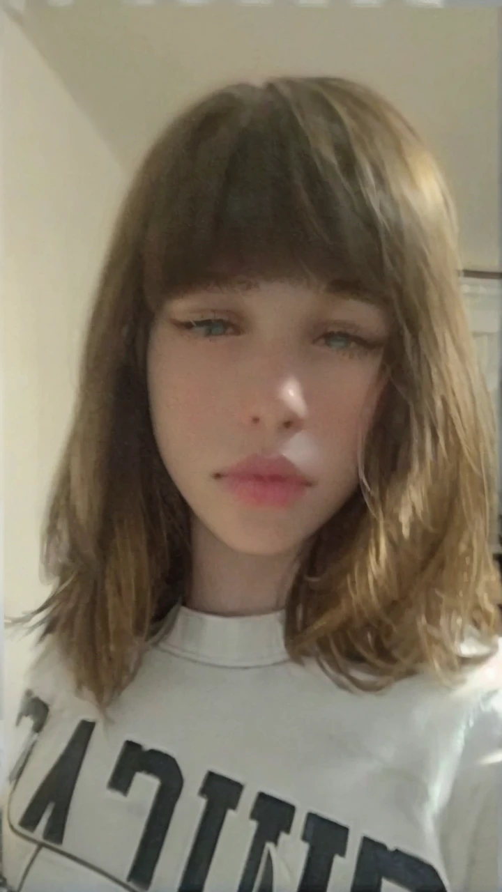 Best quality, hyperrealistic, details, 8k, teenager, fifteen years old, shy, sad, paleness, big blue eyes, very white skin, very small nose, short brown hair with bangs, room, melancholy, very Beautiful, white roses